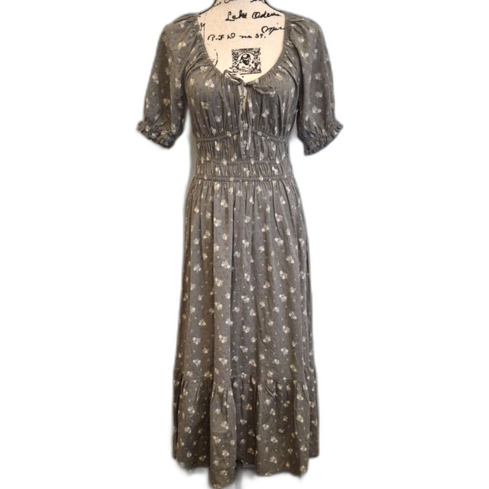 And Now This Floral Cotton Midi Dress XS Cottagecore Puff Sleeve Smocked Waist